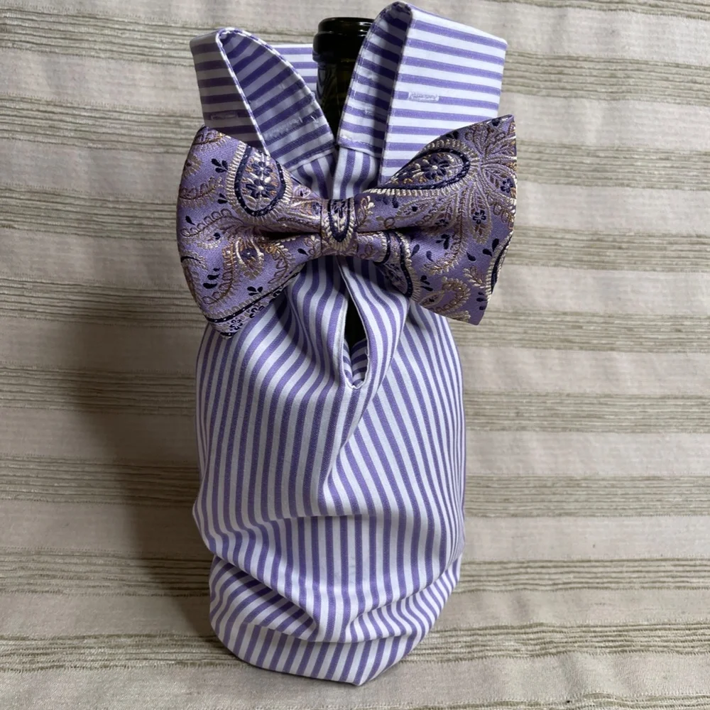Handcrafted Wine or Liquor Bottle Gift Bag Made From Dress Shirt and Tie